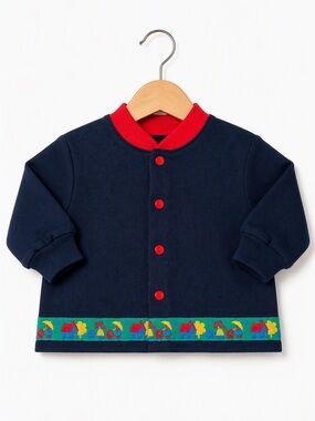 Vintage Le Mouton Noir 90s Navy Red Knit Bomber Jacket Red Snaps Umbrella Border